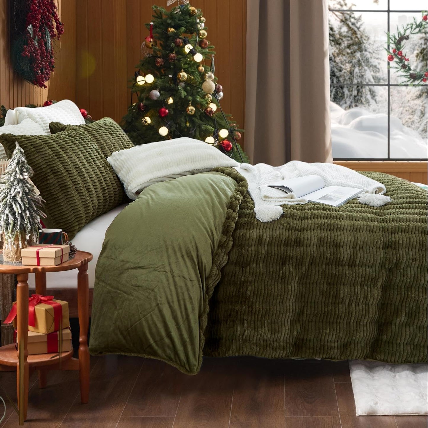 Roupa de cama de pelúcia de 155 x 220 cm, cor verde escuro, macia, de pelo comprido, de inverno, quente e aconchegante, flanela polar, toque de caxemira, capa nórdica com fecho de correr e 1 capa de