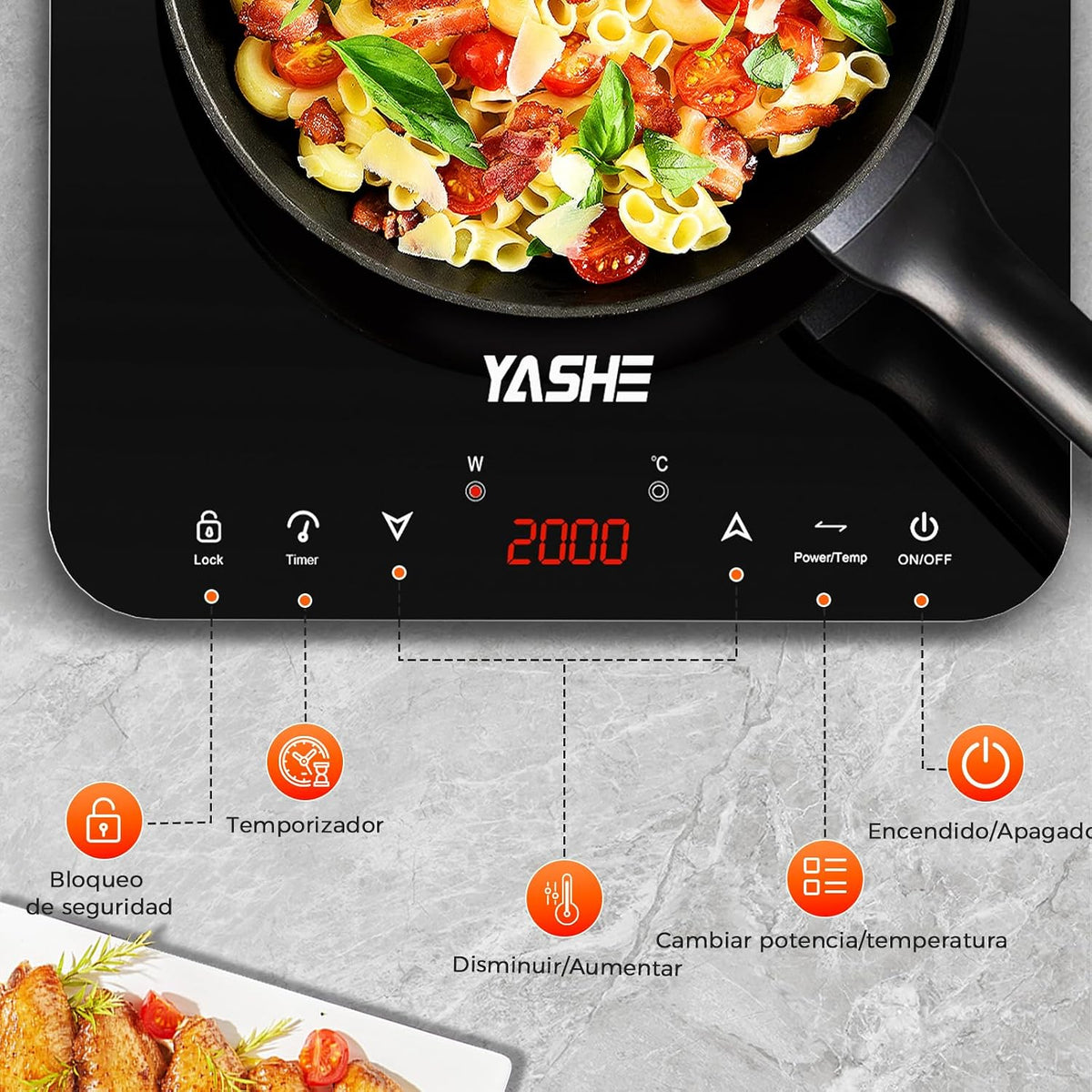 YASHE Placa de indução – placa de indução portátil, 10 configurações de potência e 10 configurações de temperatura. Placa de indução de 2000 watts, temporizador de 4 horas, bloqueio para crianças