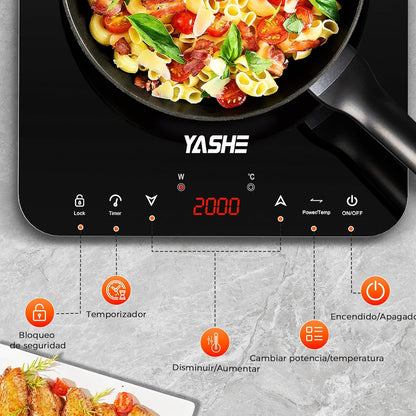 YASHE Placa de indução – placa de indução portátil, 10 configurações de potência e 10 configurações de temperatura. Placa de indução de 2000 watts, temporizador de 4 horas, bloqueio para crianças