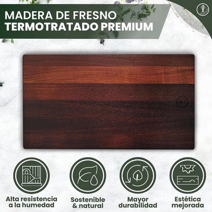 Tábua de Madeira Cozinha 45x25x1,5 | Freixo Termotratado Premium Reversível e Higiénica | Tábua Profissional para Carne, Pão ou Queijos | Tábua de Cortar Grande, Leve e Resistente à Humidade |