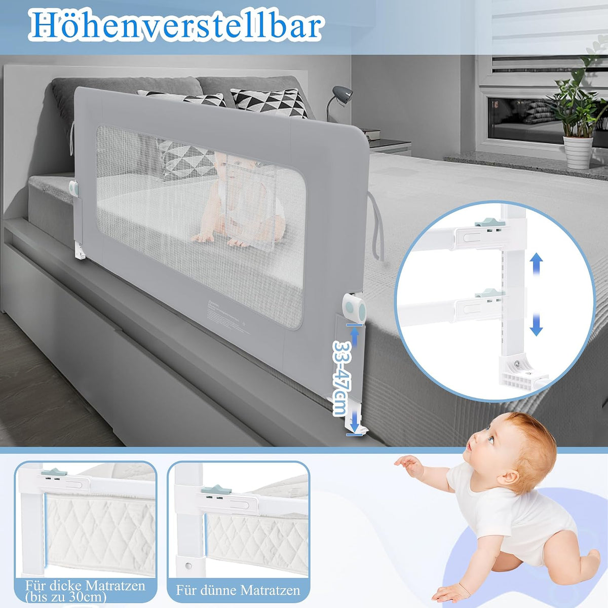 Trilho de cama AufuN, proteção contra quedas, portátil, 180 cm, trilho de cama infantil dobrável para crianças, trilho de cama de bebê, dobrável, portátil, cama de proteção para bebês e crianças na cama dos pais, cinza