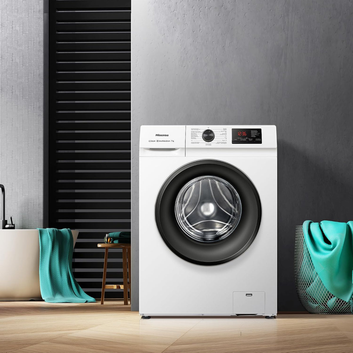 Hisense WFVB7012EM Máquina de lavar a vapor, carregamento frontal de 7 kg, 1200 rpm, 15 programas, controlo inteligente de oscilação de bateria, Display LED, programa rápido, branco [Classe energética D]