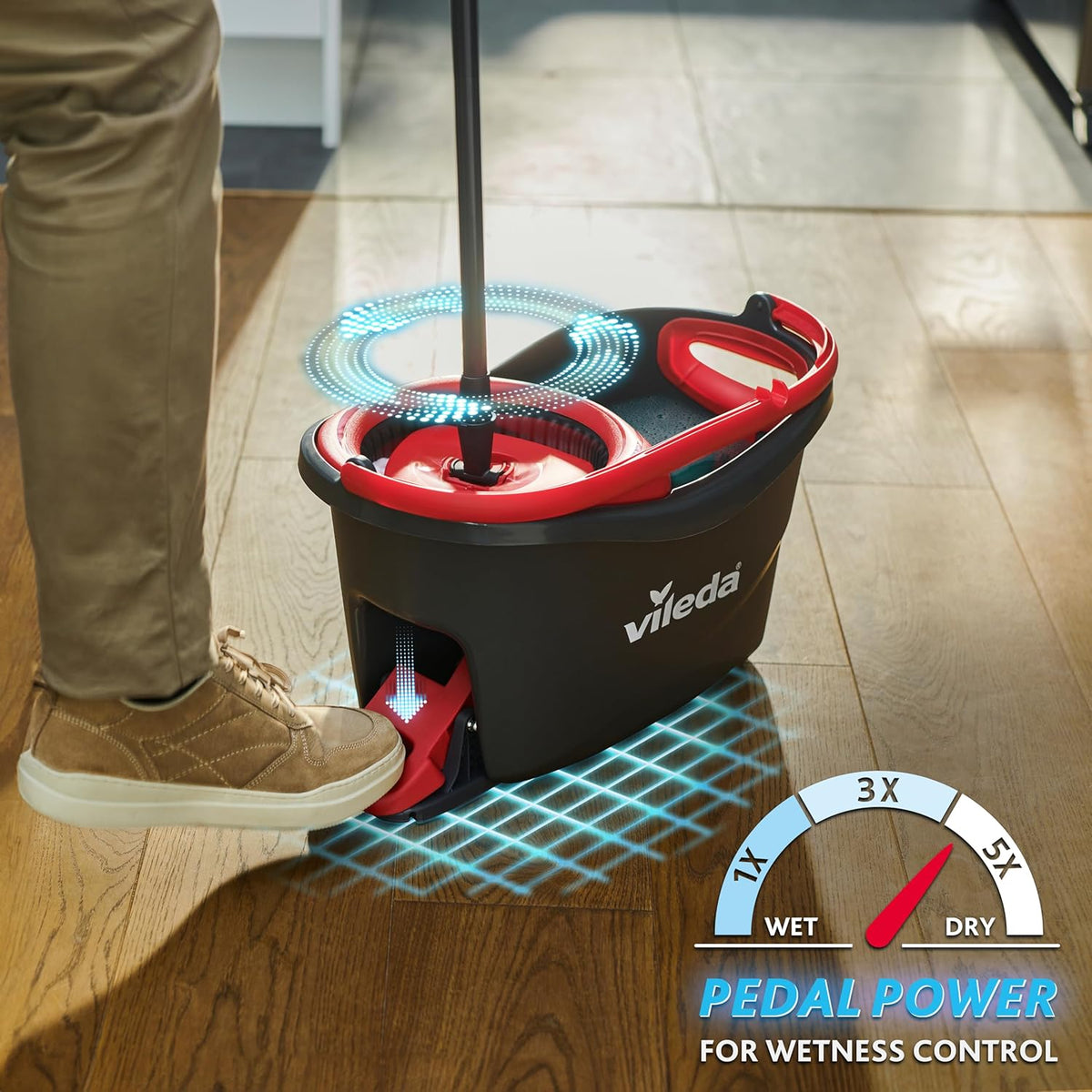 Vileda Turbo, Conjunto de esfregar com balde de pedal, vara telescópica 85 a 123 cm, torcido giratório