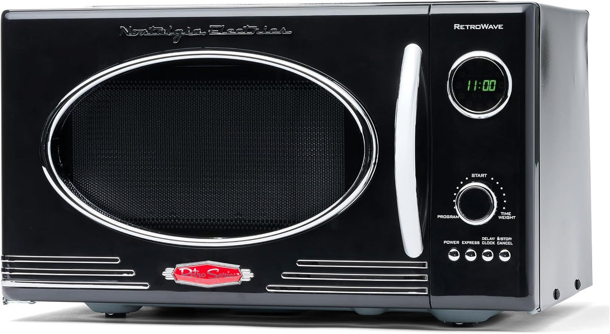 Nostalgia Microondas retro de bancada - grande potência de 800 watts - 25 litros - 12 programas de cozedura pré-estabelecidos - relógio digital - utensílios de cozinha - preto