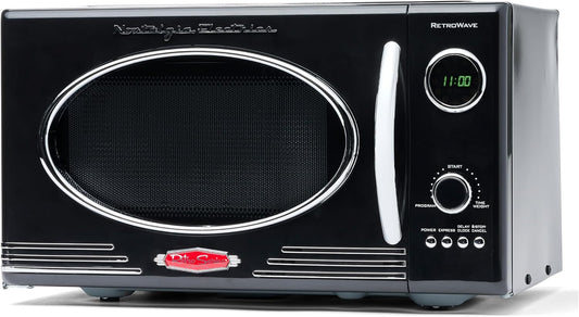 Nostalgia Microondas retro de bancada - grande potência de 800 watts - 25 litros - 12 programas de cozedura pré-estabelecidos - relógio digital - utensílios de cozinha - preto