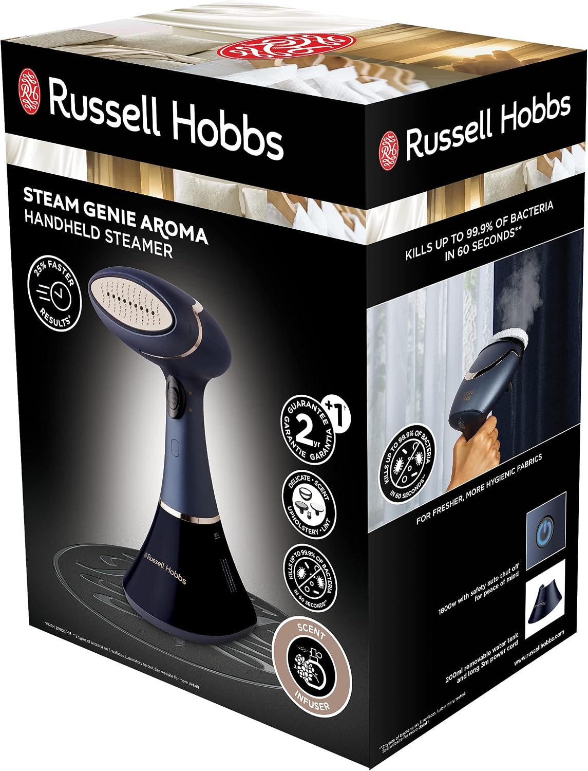 Russell Hobbs Ferro Vertical [1800W, 32g de geração de vapor] Steam Genie Aroma (base de cerâmica, tanque 200 ml, 3 acessórios, difusor de aroma, elimina rugas, plancha e reduz odores) 28041-56