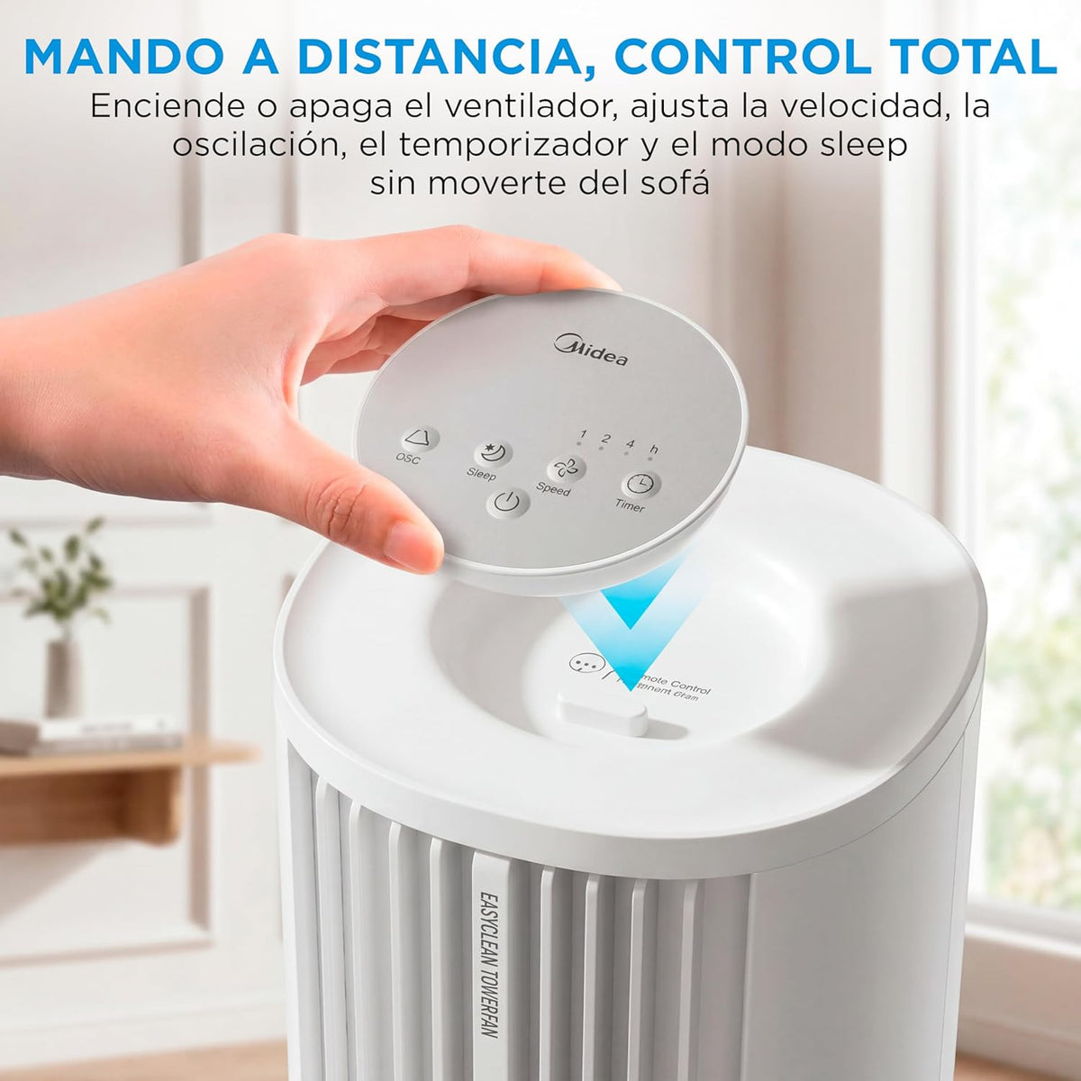 MIDEA Ventilador de torre de 4 velocidades com controlo remoto, ventilador de torre silencioso com oscilação de 90º - refrigerador de ar com temporizador - climatizador frio potente até 9 m - Fan