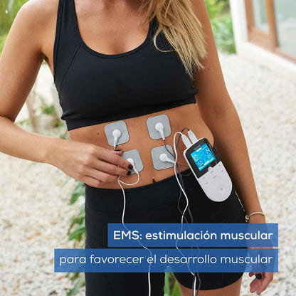 Beurer EM 49 TENS/EMS digital, dispositivo de corrente de estimulação 3 em 1 para alívio da dor e treino, função de massagem, inclui 4 eletrodos, cor branca