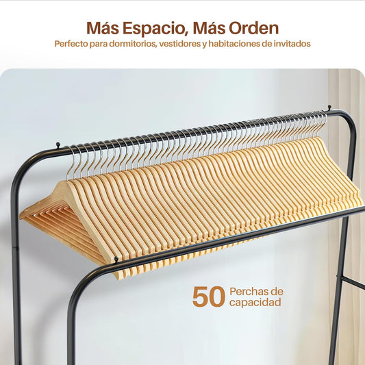 PORTENTUM Cabide para roupa resistente de aço, até 35 kg, organizador com barra dupla e sapateiro, cabides de pé com pés antiderrapantes, tampas anti-queda para cabides, montagem rápida