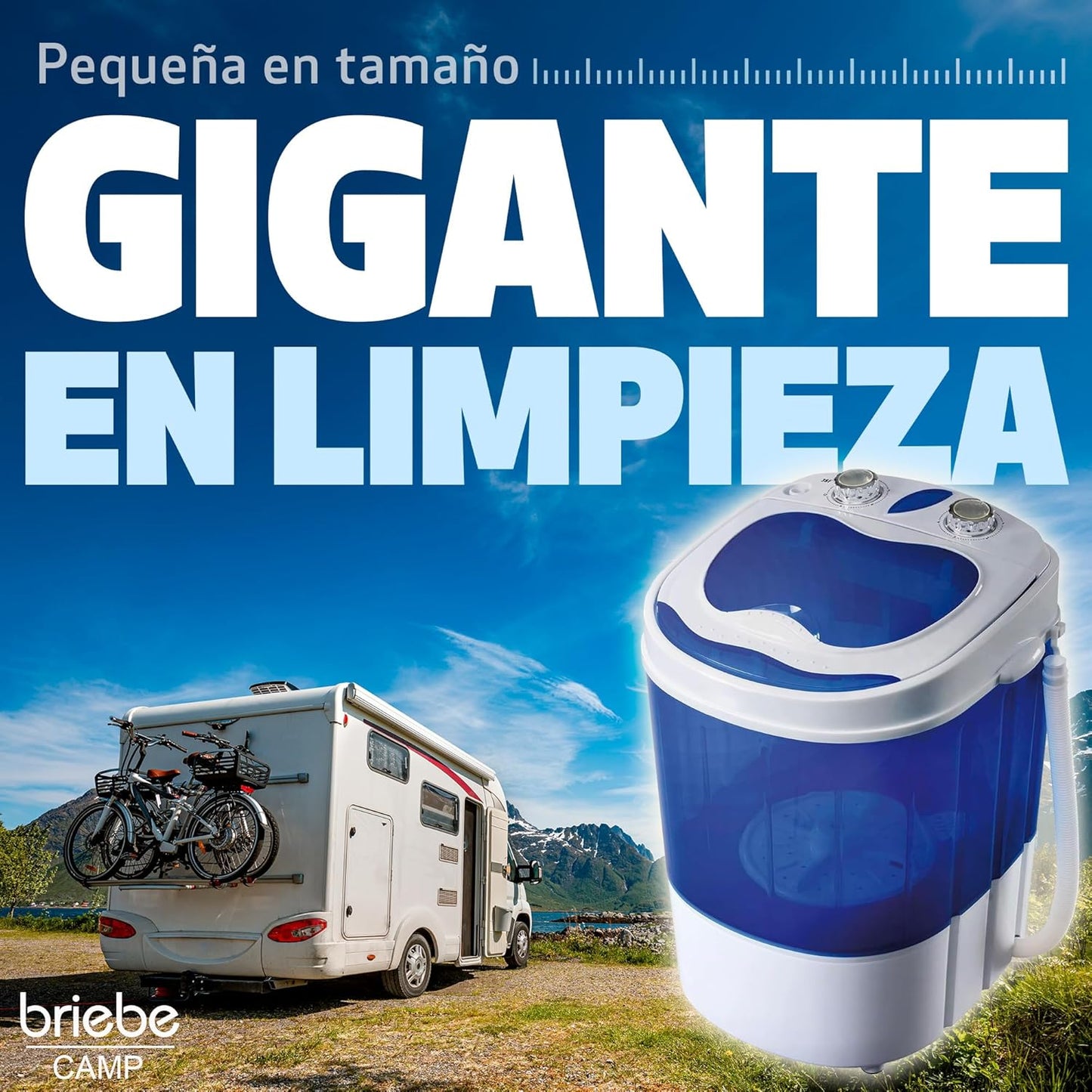 briebe Camp Mini Máquina de Lavar Portátil com Centrifugação, Camping, Capacidade de Roupa 3Kg, Ideal para Viagens, Caravanas Camper e Autocaravanas, Carga Superior, Baixo Consumo de Água e Energia [Classe energética A]