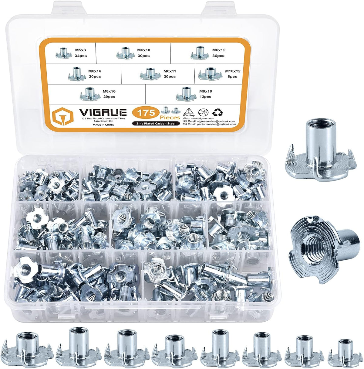 Conjunto VIGRUE de 175 porcas drive-in com 4 pontas drive-in, aço galvanizado, disponível em M5, M6, M8, M10, rosca de impacto para fixação de componentes, para madeira, plástico