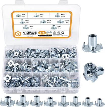 Conjunto VIGRUE de 175 porcas drive-in com 4 pontas drive-in, aço galvanizado, disponível em M5, M6, M8, M10, rosca de impacto para fixação de componentes, para madeira, plástico