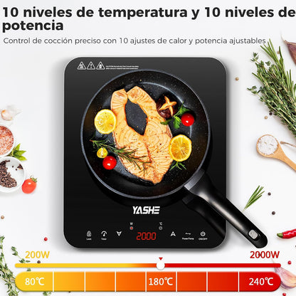 YASHE Placa de indução – placa de indução portátil, 10 configurações de potência e 10 configurações de temperatura. Placa de indução de 2000 watts, temporizador de 4 horas, bloqueio para crianças