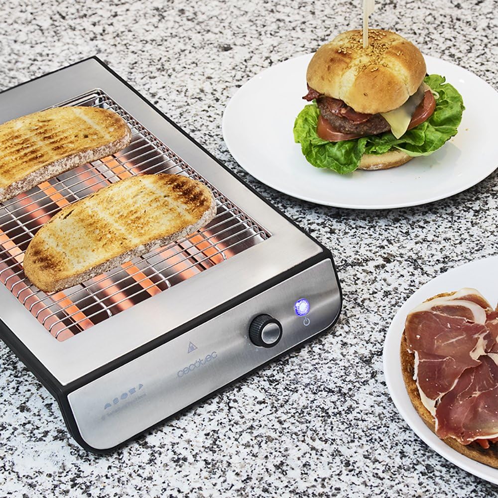 Cecotec Torradeira Plana Horizontal Turbo Easy Toast Inox. 900 W de Potência em 6 Níveis, 3 Resistências de Quartzo, Bandeja de Recolha de Migalhas, Orifício para Cabos, Acabamento em Aço Inoxidável