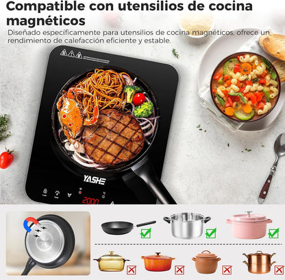 YASHE Placa de indução – placa de indução portátil, 10 configurações de potência e 10 configurações de temperatura. Placa de indução de 2000 watts, temporizador de 4 horas, bloqueio para crianças