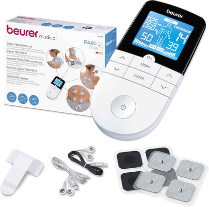 Beurer EM 49 TENS/EMS digital, dispositivo de corrente de estimulação 3 em 1 para alívio da dor e treino, função de massagem, inclui 4 eletrodos, cor branca