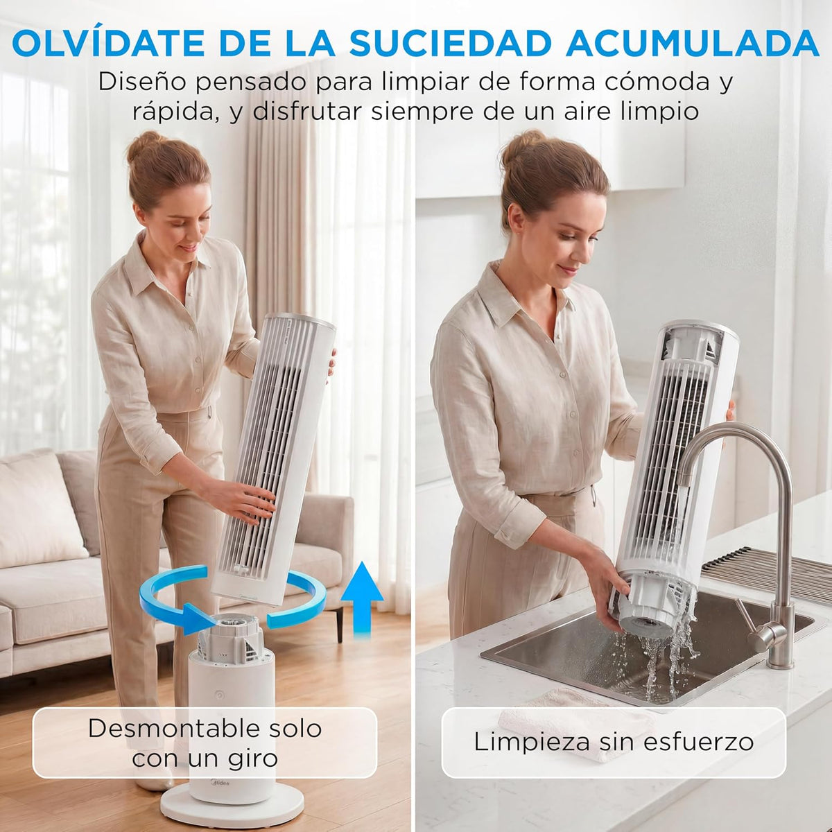 MIDEA Ventilador de torre de 4 velocidades com controlo remoto, ventilador de torre silencioso com oscilação de 90º - refrigerador de ar com temporizador - climatizador frio potente até 9 m - Fan