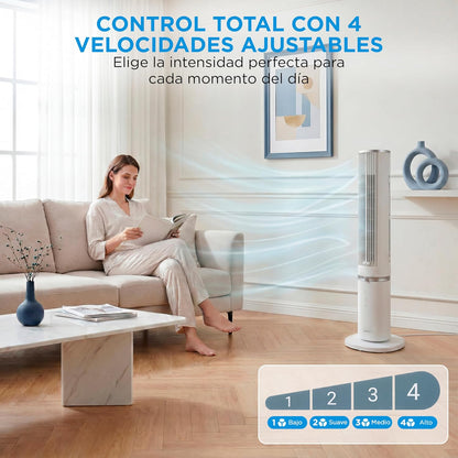 MIDEA Ventilador de torre de 4 velocidades com controlo remoto, ventilador de torre silencioso com oscilação de 90º - refrigerador de ar com temporizador - climatizador frio potente até 9 m - Fan
