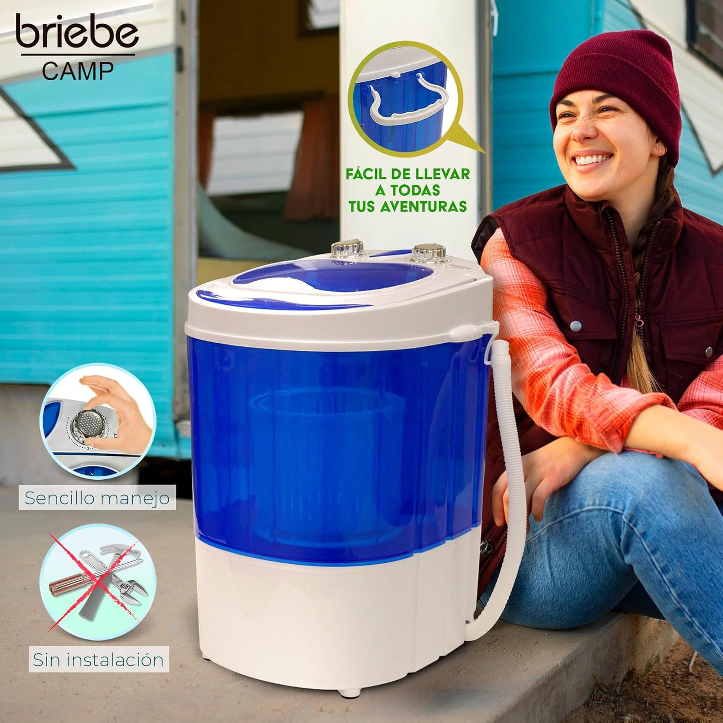 briebe Camp Mini Máquina de Lavar Portátil com Centrifugação, Camping, Capacidade de Roupa 3Kg, Ideal para Viagens, Caravanas Camper e Autocaravanas, Carga Superior, Baixo Consumo de Água e Energia [Classe energética A]