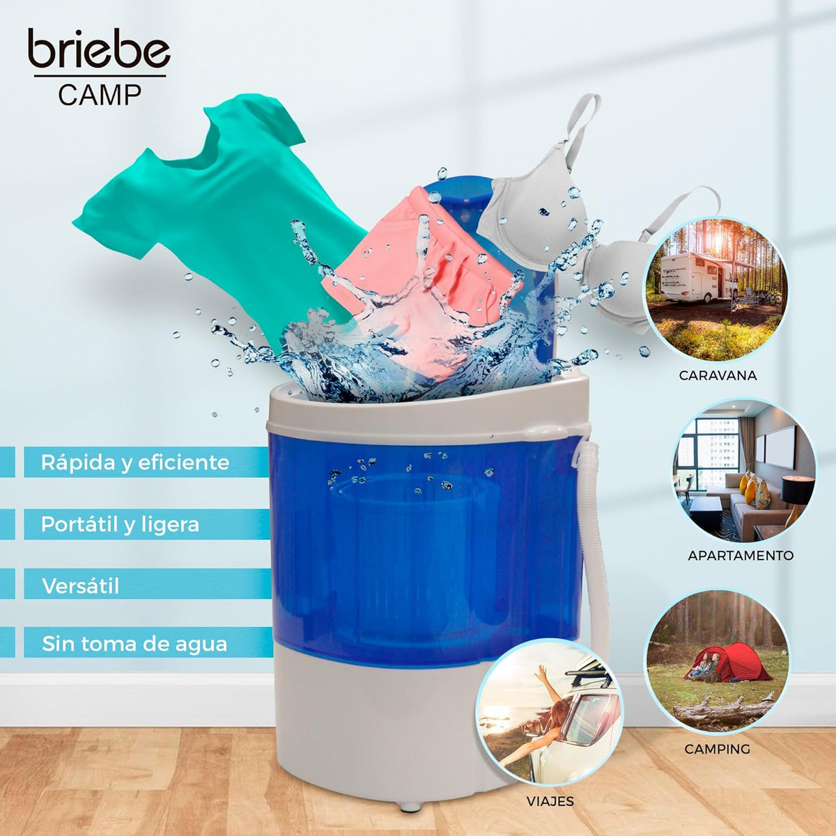 briebe Camp Mini Máquina de Lavar Portátil com Centrifugação, Camping, Capacidade de Roupa 3Kg, Ideal para Viagens, Caravanas Camper e Autocaravanas, Carga Superior, Baixo Consumo de Água e Energia [Classe energética A]