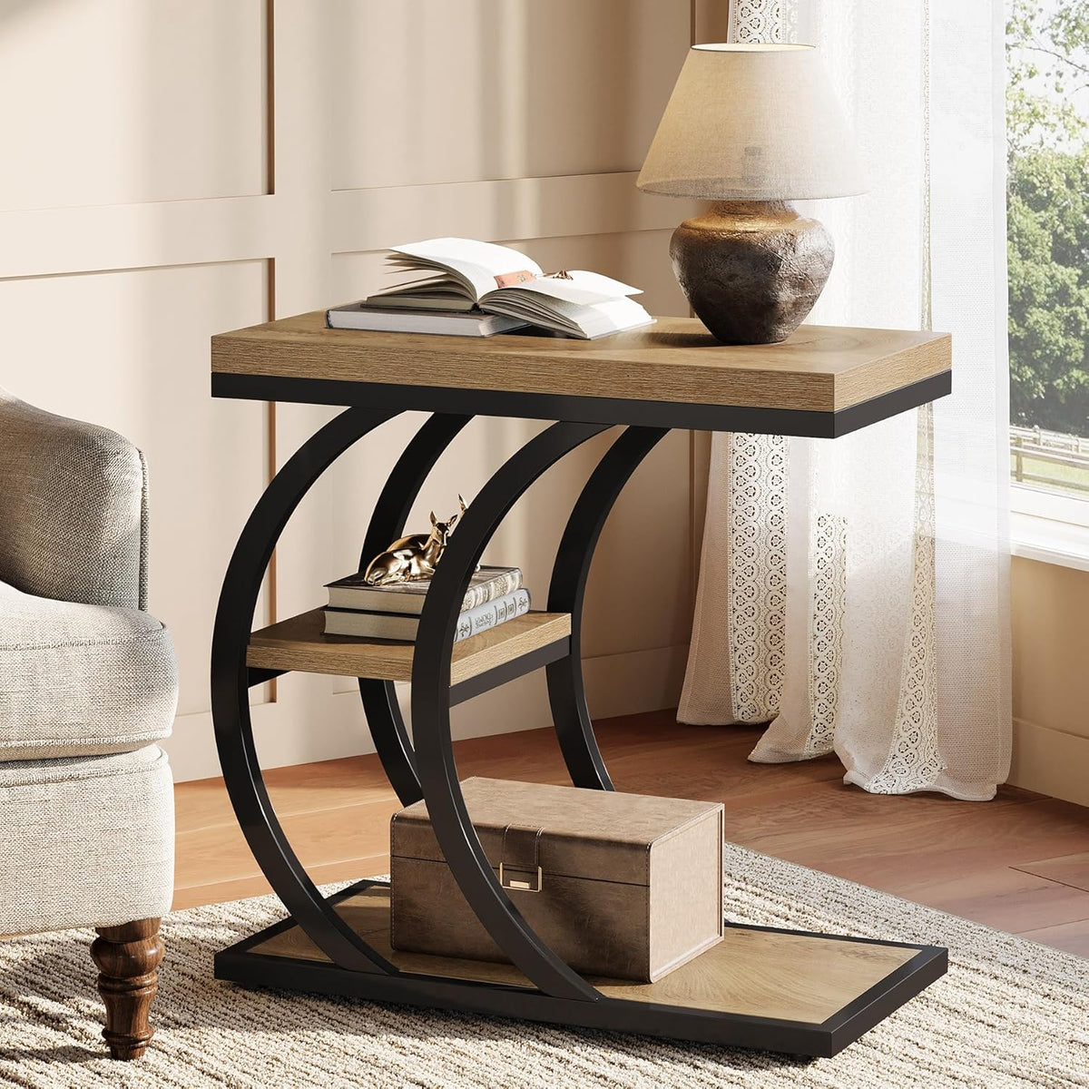 Tribesigns C-Shaped Side Table, 3-Tier Narrow Wood Bedside Table, Small Coffee Sofa Table with Storage for Living Room, Industrial Nightstand for Bedroom, Small Spaces, Natural (1)