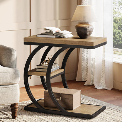 Tribesigns C-Shaped Side Table, 3-Tier Narrow Wood Bedside Table, Small Coffee Sofa Table with Storage for Living Room, Industrial Nightstand for Bedroom, Small Spaces, Natural (1)