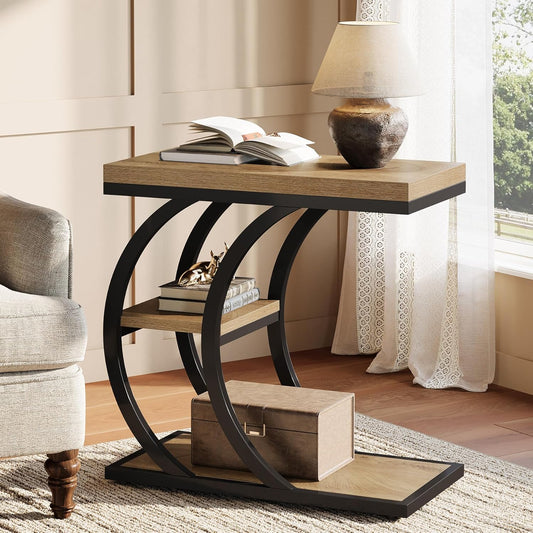 Tribesigns C-Shaped Side Table, 3-Tier Narrow Wood Bedside Table, Small Coffee Sofa Table with Storage for Living Room, Industrial Nightstand for Bedroom, Small Spaces, Natural (1)