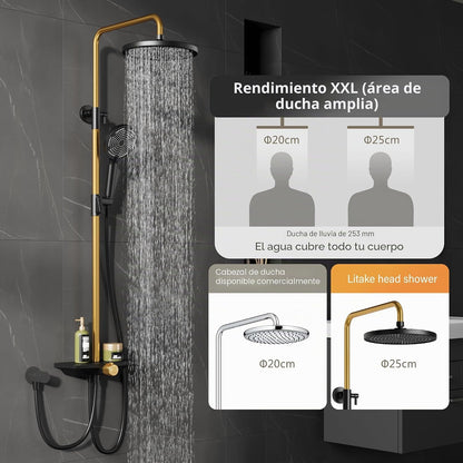 Chuveiro de chuva sem torneiras com prateleira, sistema de chuveiro com cabeça de chuveiro de aço inoxidável ajustável,