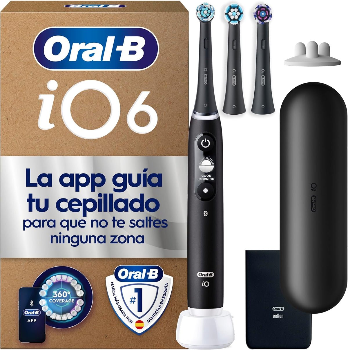 Oral-B iO 6 Escova de dentes elétrica preta com cabo recarregável, 3 cabeças, 1 estojo de viagem, 5 modos de escovar com branqueamento dental