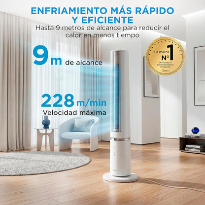 MIDEA Ventilador de torre de 4 velocidades com controlo remoto, ventilador de torre silencioso com oscilação de 90º - refrigerador de ar com temporizador - climatizador frio potente até 9 m - Fan