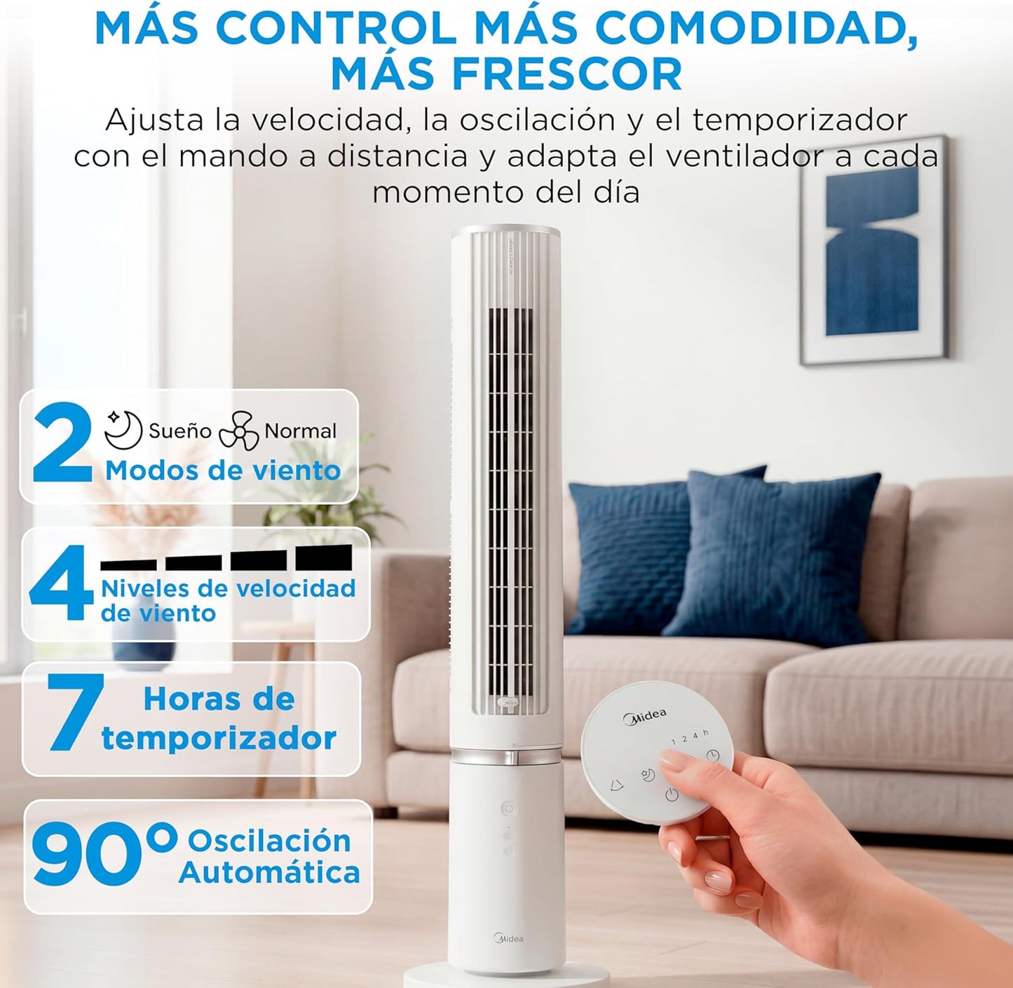 MIDEA Ventilador de torre de 4 velocidades com controlo remoto, ventilador de torre silencioso com oscilação de 90º - refrigerador de ar com temporizador - climatizador frio potente até 9 m - Fan