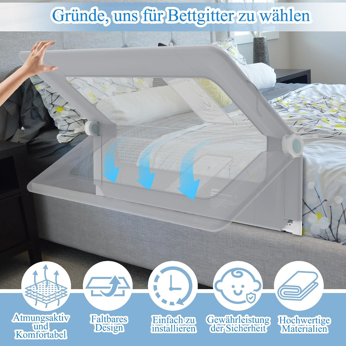 Trilho de cama AufuN, proteção contra quedas, portátil, 180 cm, trilho de cama infantil dobrável para crianças, trilho de cama de bebê, dobrável, portátil, cama de proteção para bebês e crianças na cama dos pais, cinza