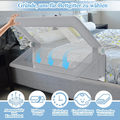 Trilho de cama AufuN, proteção contra quedas, portátil, 180 cm, trilho de cama infantil dobrável para crianças, trilho de cama de bebê, dobrável, portátil, cama de proteção para bebês e crianças na cama dos pais, cinza