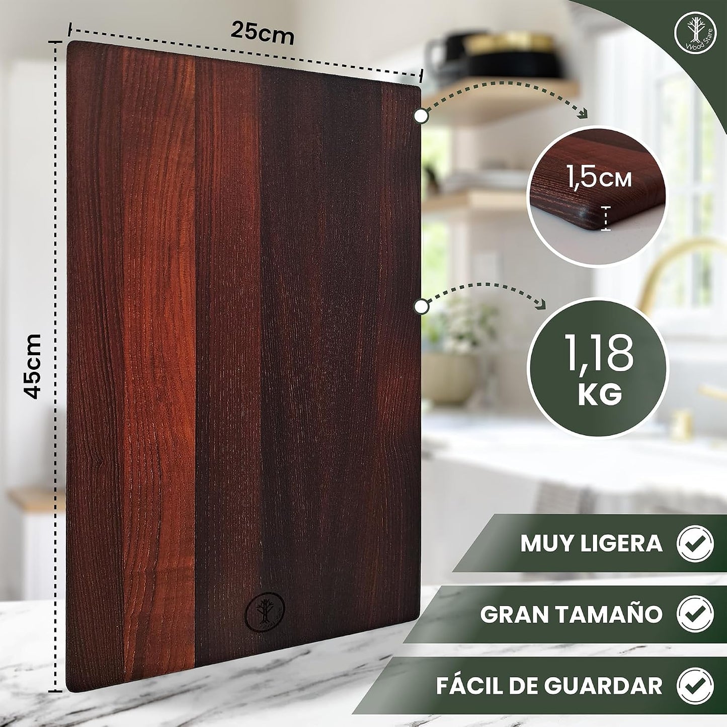 Tábua de Madeira Cozinha 45x25x1,5 | Freixo Termotratado Premium Reversível e Higiénica | Tábua Profissional para Carne, Pão ou Queijos | Tábua de Cortar Grande, Leve e Resistente à Humidade |