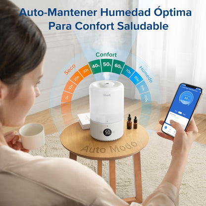 LEVOIT Humidificador inteligente de névoa fria para quarto e bebé com sensor, controlo por APP e voz, difusor de óleos essenciais, temporizador para quarto, <28dB, 3L Top-Fill, branco