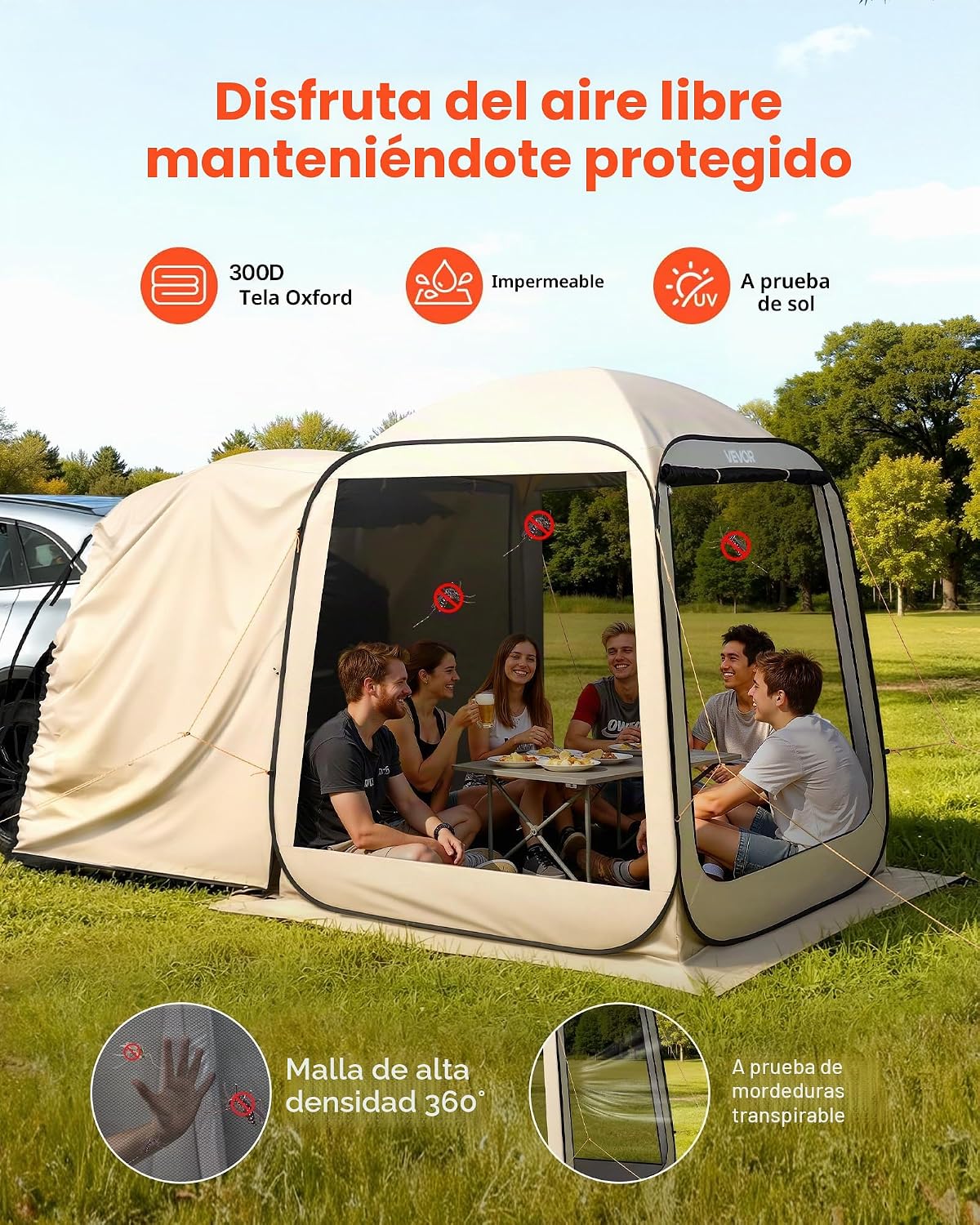 VEVOR Tenda de campanha com mosquiteira, 1825 x 1825 x 2200 mm, 4-6 pessoas, dobrável, para porta traseira SUV,