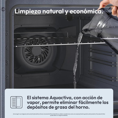 Candy FIDCP X625 L, Forno Multifuncional, 70L, Bandeja e Grade, Limpeza Aquactiva, Convecção + Ventilador radial, 8 Funções, Display Timer Touch, Comandos Push&Pull, Porta 2 Vidros, Inox e Preto [Classe energética A+]