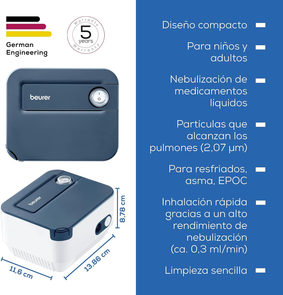 Beurer IH 16 Inalador com tecnologia de ar comprimido com compressor, nebulador, design compacto, para tratamento das vias respiratórias, adequado para adultos e crianças, limpeza simples