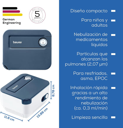 Beurer IH 16 Inalador com tecnologia de ar comprimido com compressor, nebulador, design compacto, para tratamento das vias respiratórias, adequado para adultos e crianças, limpeza simples