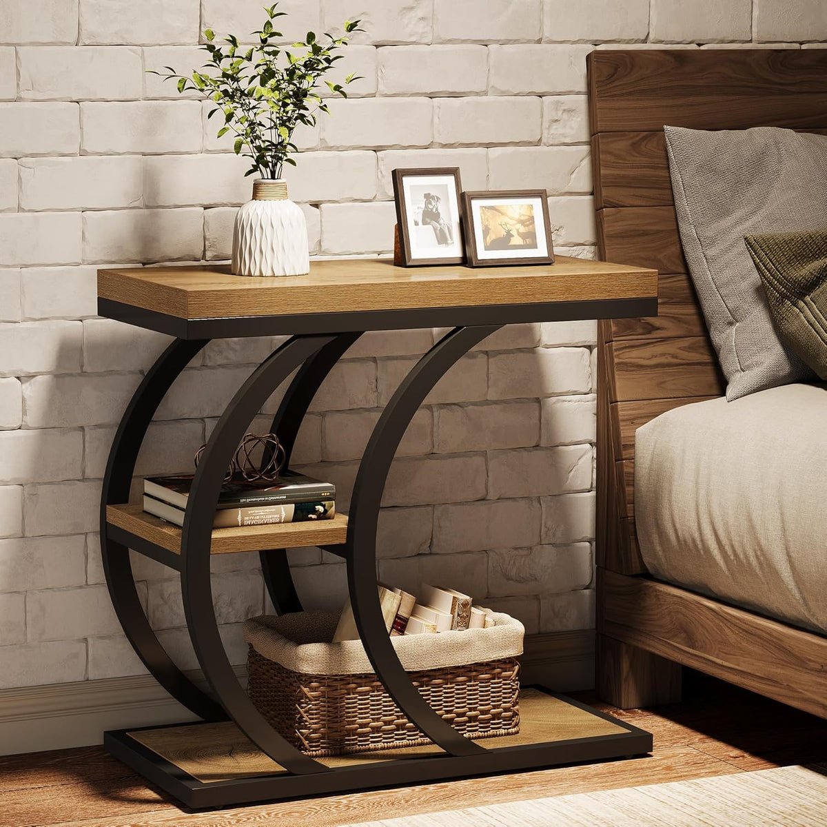 Tribesigns C-Shaped Side Table, 3-Tier Narrow Wood Bedside Table, Small Coffee Sofa Table with Storage for Living Room, Industrial Nightstand for Bedroom, Small Spaces, Natural (1)