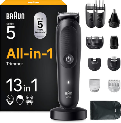 Braun Recortador Tudo em Um Série 5 AIO5565, Kit de Estilo 13em1 Para Barba, Cabelo, Orelhas, Nariz e Corpo, 120 Min, Aparador de Cabelo para Homem com Lâmina Ultra Afiada, Corte Preciso e Eficiente | Kit de Styling 13 em 1 para barba