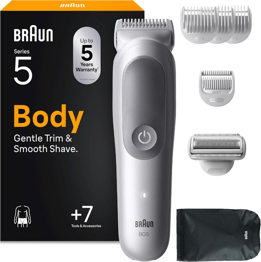 Braun Recortadora Corporal Series 5 BG5555, Aparador Corporal Para Peles Sensíveis, +7 Acessórios De Barbear, 100 Min De Autonomia, Recorta & Apara, Resistente À Água, Cinza
