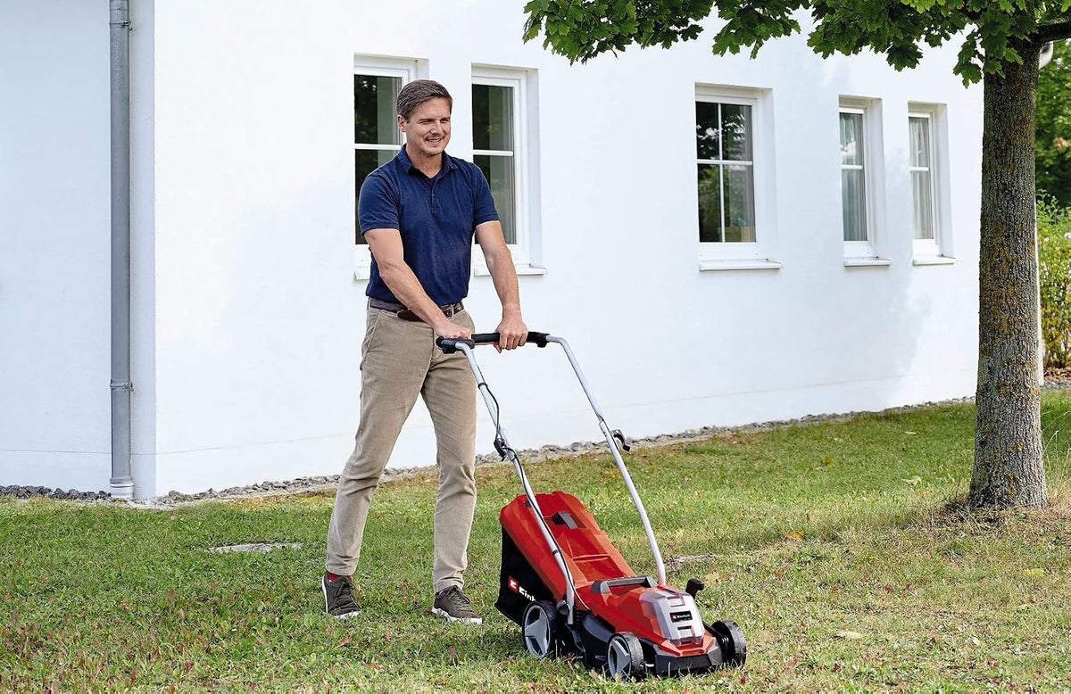 Einhell Cortacésped con batería GE-CM 18/33 Li Kit PXC | 18 V | corte 33 cm | máximo 200 m² | Brushless | cesto 30 l | altura de corte 25 a 65 mm | bateria 4,0 Ah + carregador