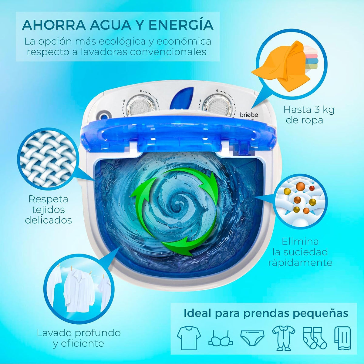 briebe Camp Mini Máquina de Lavar Portátil com Centrifugação, Camping, Capacidade de Roupa 3Kg, Ideal para Viagens, Caravanas Camper e Autocaravanas, Carga Superior, Baixo Consumo de Água e Energia [Classe energética A]