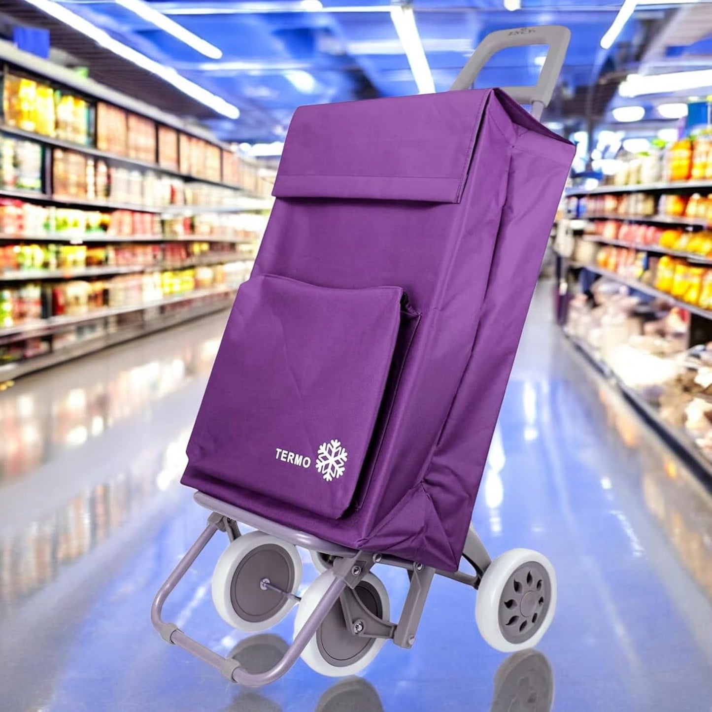 Carrinho de compras dobrável com saco térmico 4 rodas para subir