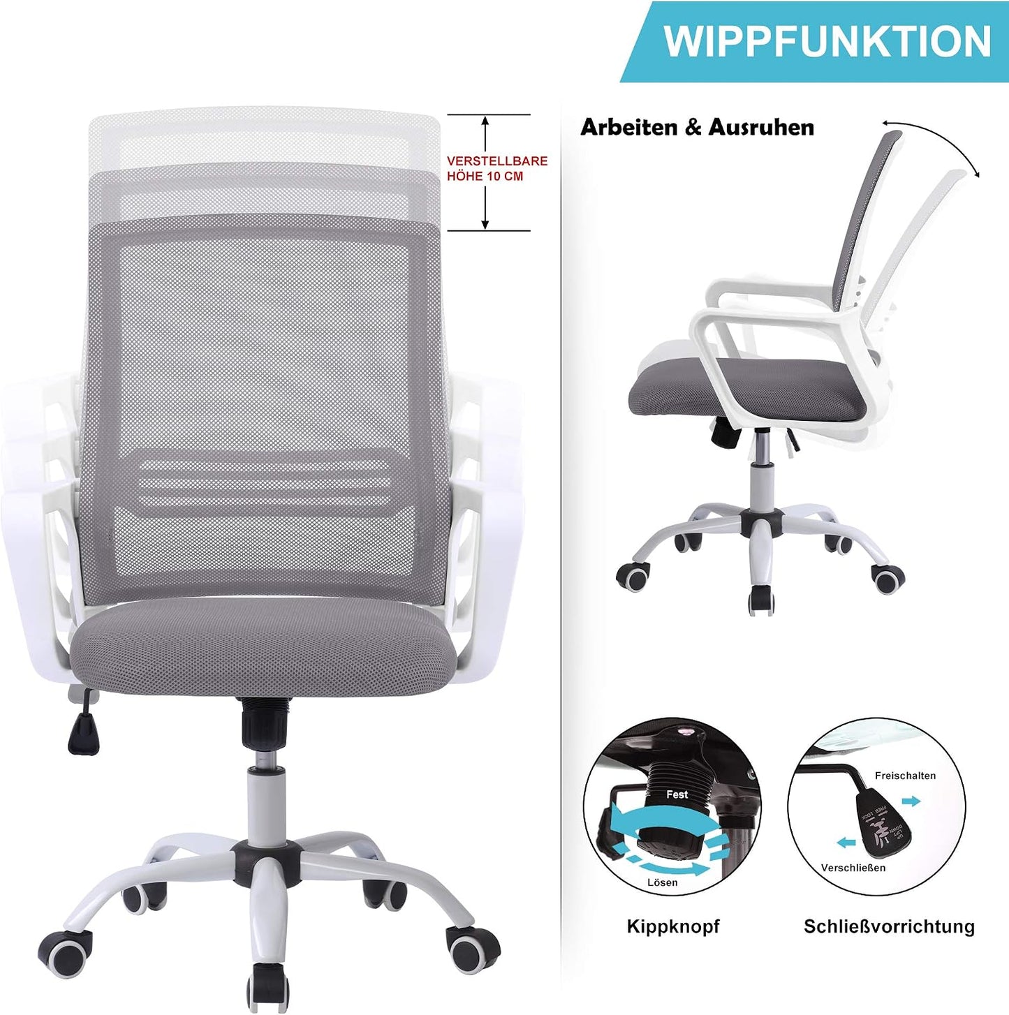 Cadeira de escritório ergonómica com altura regulável, com função de balanço