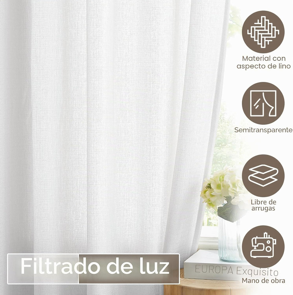 Melodieux Cortinas brancas para quarto, cortinas translúcidas, sala de estar, 2 peças, 140 x 225 cm
