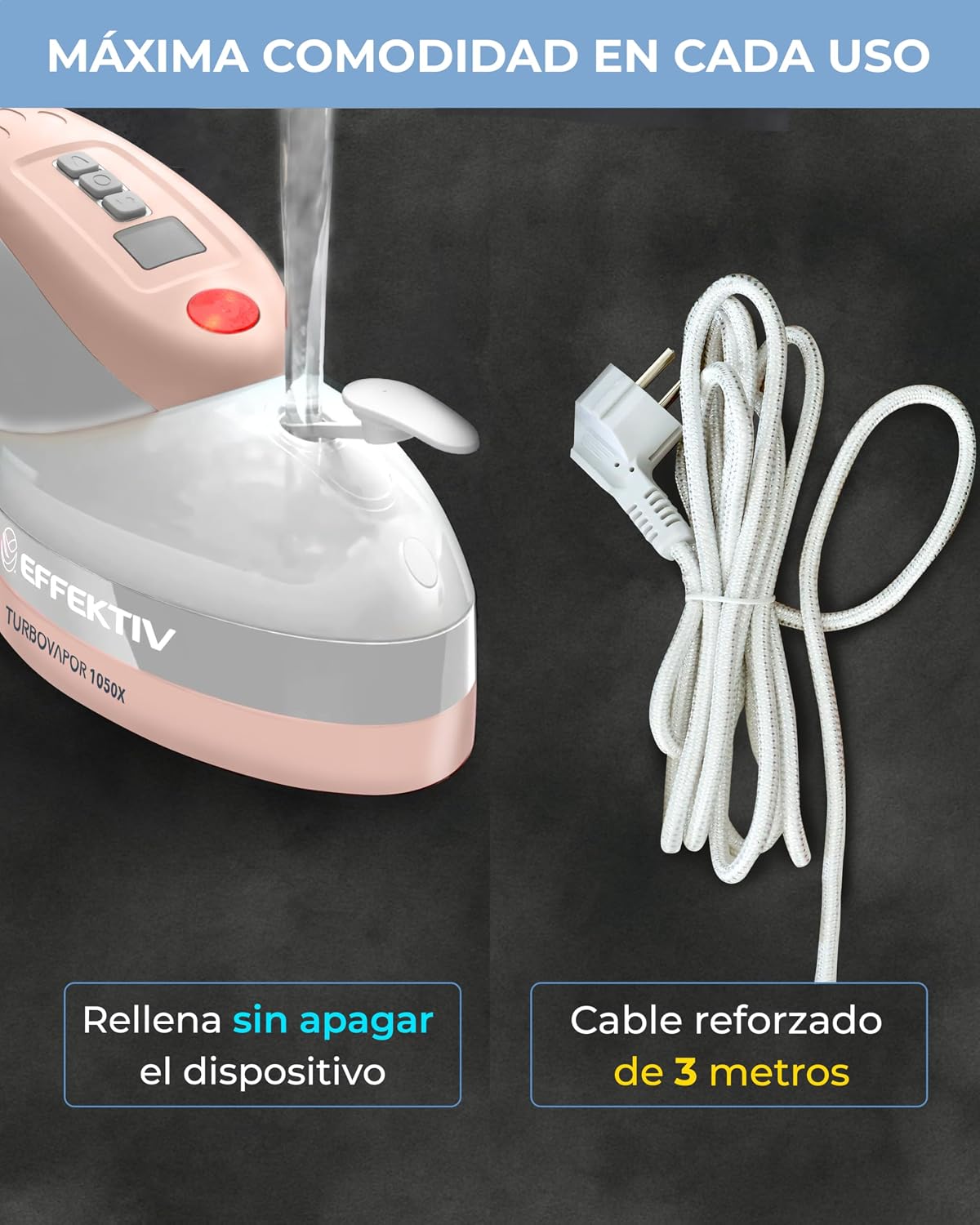 EFFEKTIV Ferro a Vapor Vertical 1800W com Bomba Integrada – Ferro de Roupa 3 em 1 com Escova de Vapor e Centro de Planchado Compacto – Vapor 1,8 Bar – Reservatório 250 ml – Cabo 3 m –
