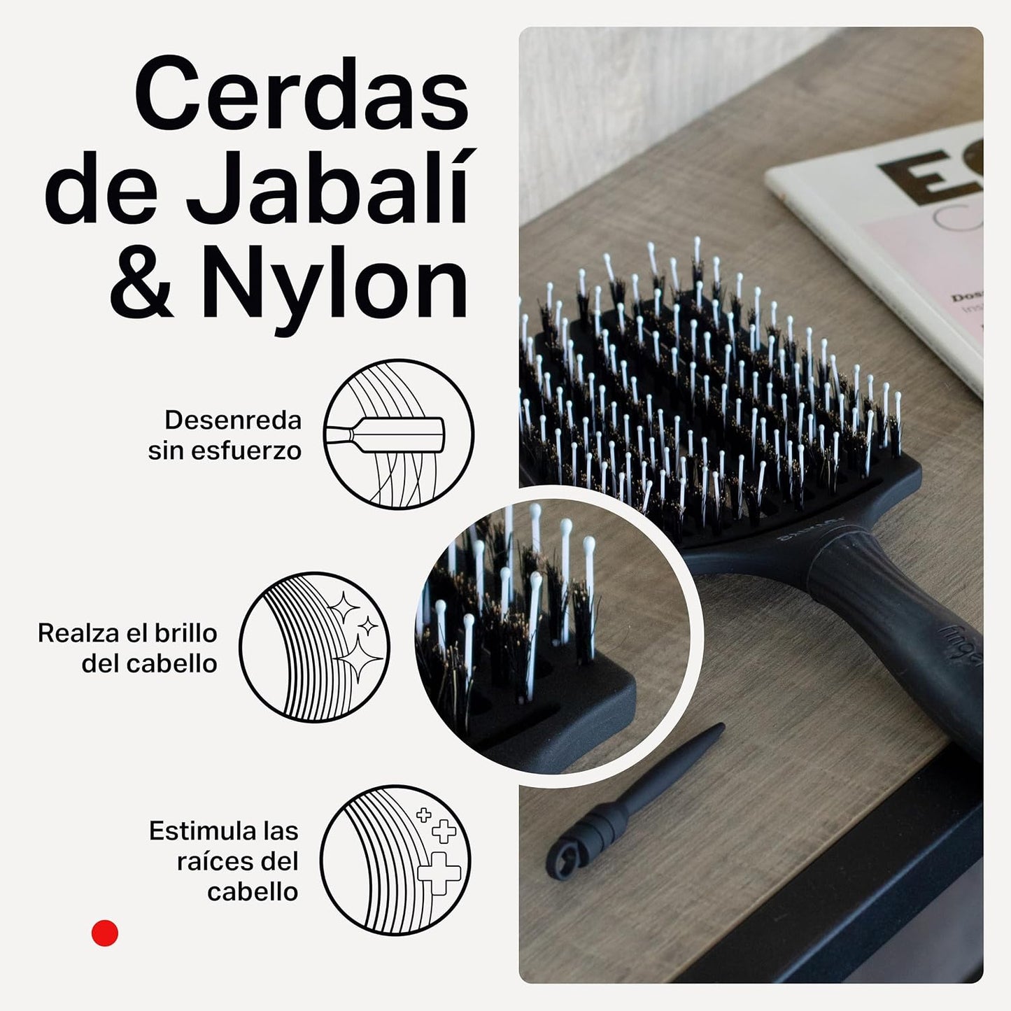 Olivia Garden - Fingerbrush Combo Large - Escova de Cabelo Longo - Anti-puxões para Cabelo Seco e Desembaraçado - Cerdas de Javali e Nylon para um Brilho Natural - Cabelo Fino, Médio e Grosso - Preto