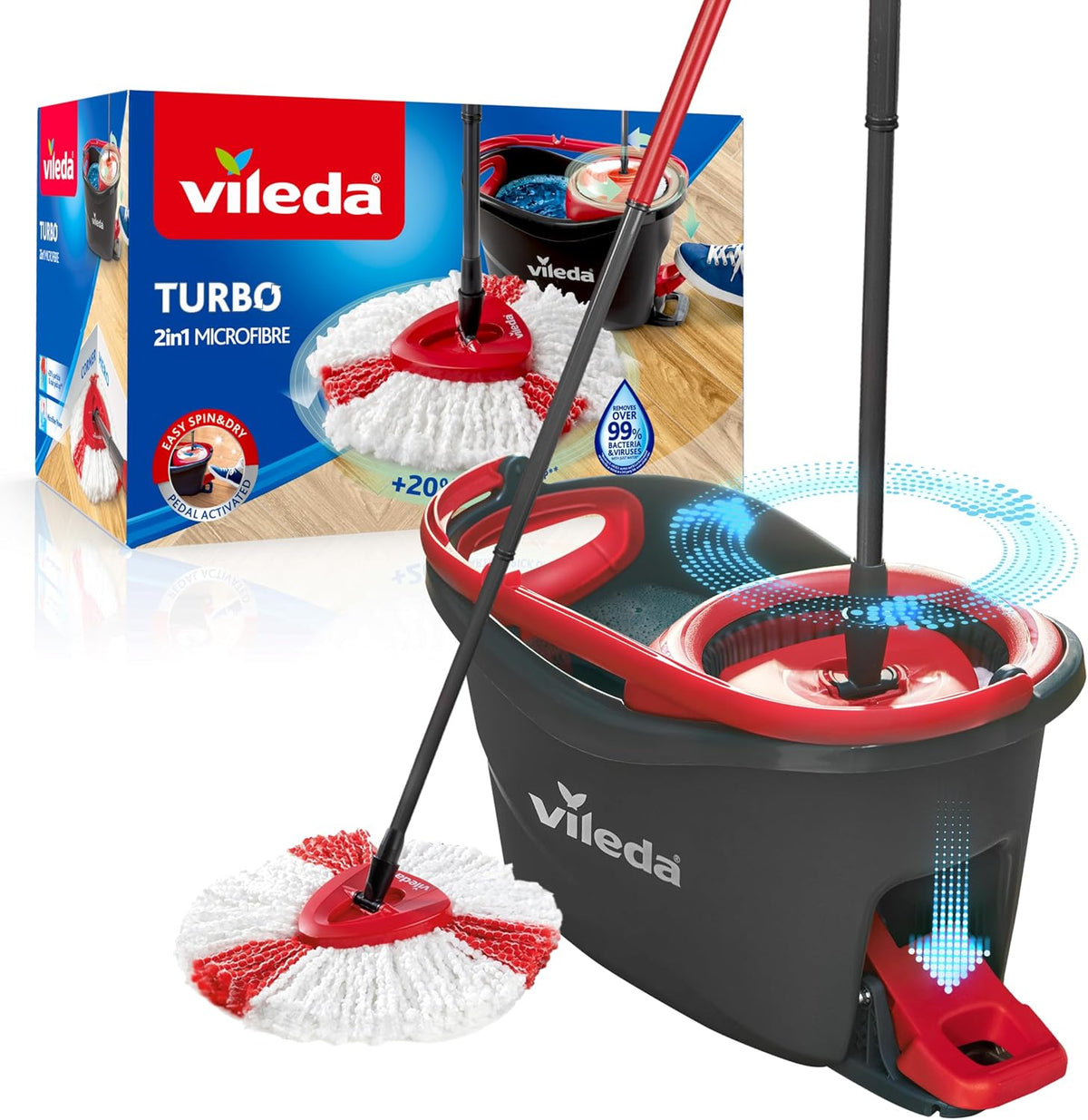 Vileda Turbo, Conjunto de esfregar com balde de pedal, vara telescópica 85 a 123 cm, torcido giratório